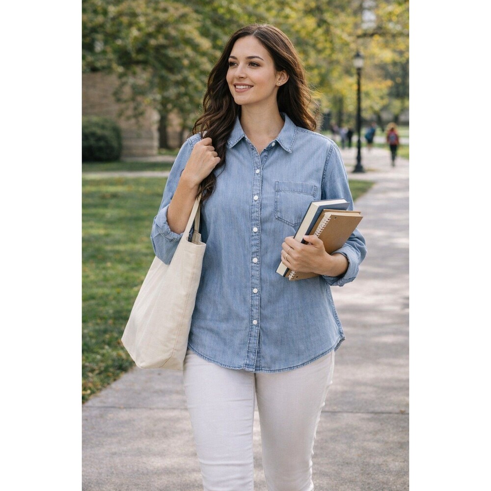 St John’s Bay Chambray Denim Shirt Sz Small Oversized 100% Cotton Button Down